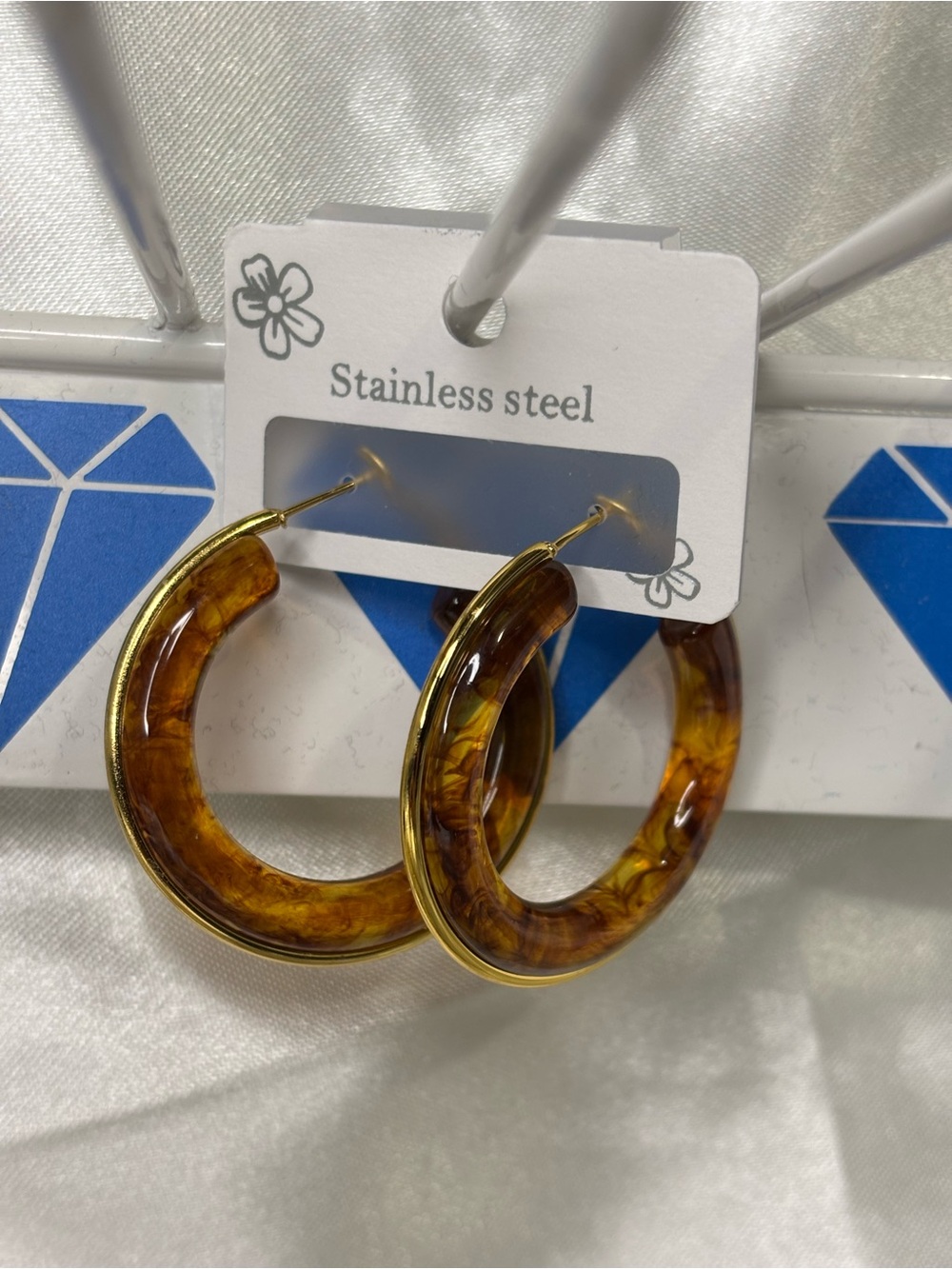 Stainless Steel Gold Plated Brown Tortoise shell Hoop Earrings